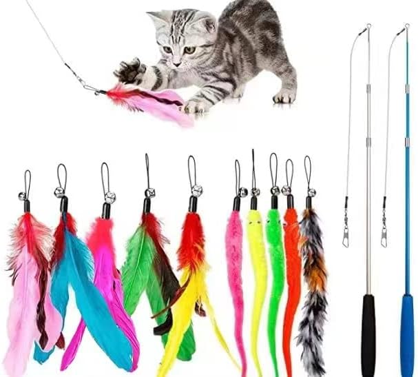 Interactive Cat Toys: Retractable Wand Toy and Feather Toys Refills